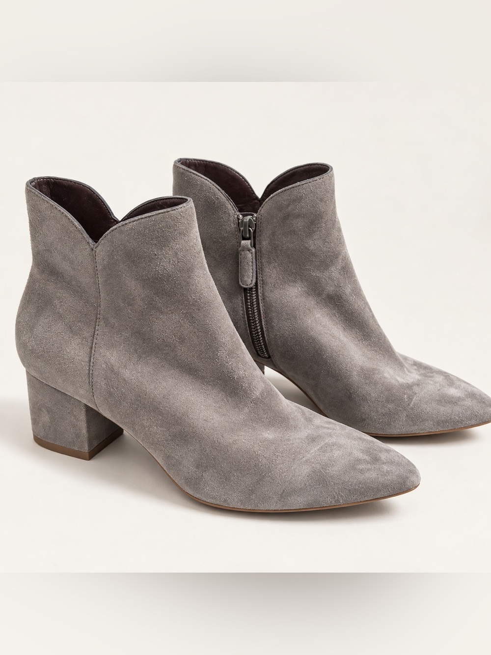 Cole Haan Gray Suede Pointed Toe Ankle Booties with Block Heel